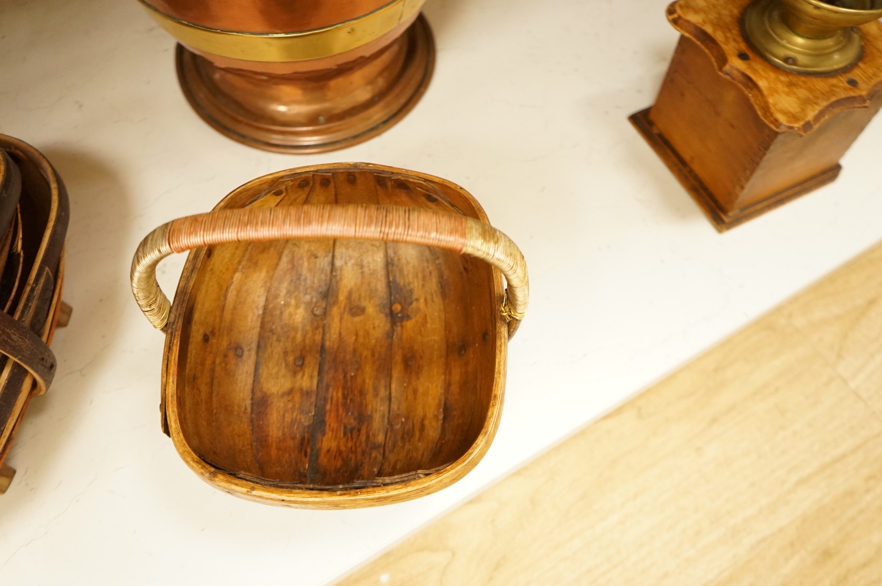 Assorted Victorian and later copper and brassware including two ships portholes, copper kettle pots, etc (16). Large porthole 36cm diameter